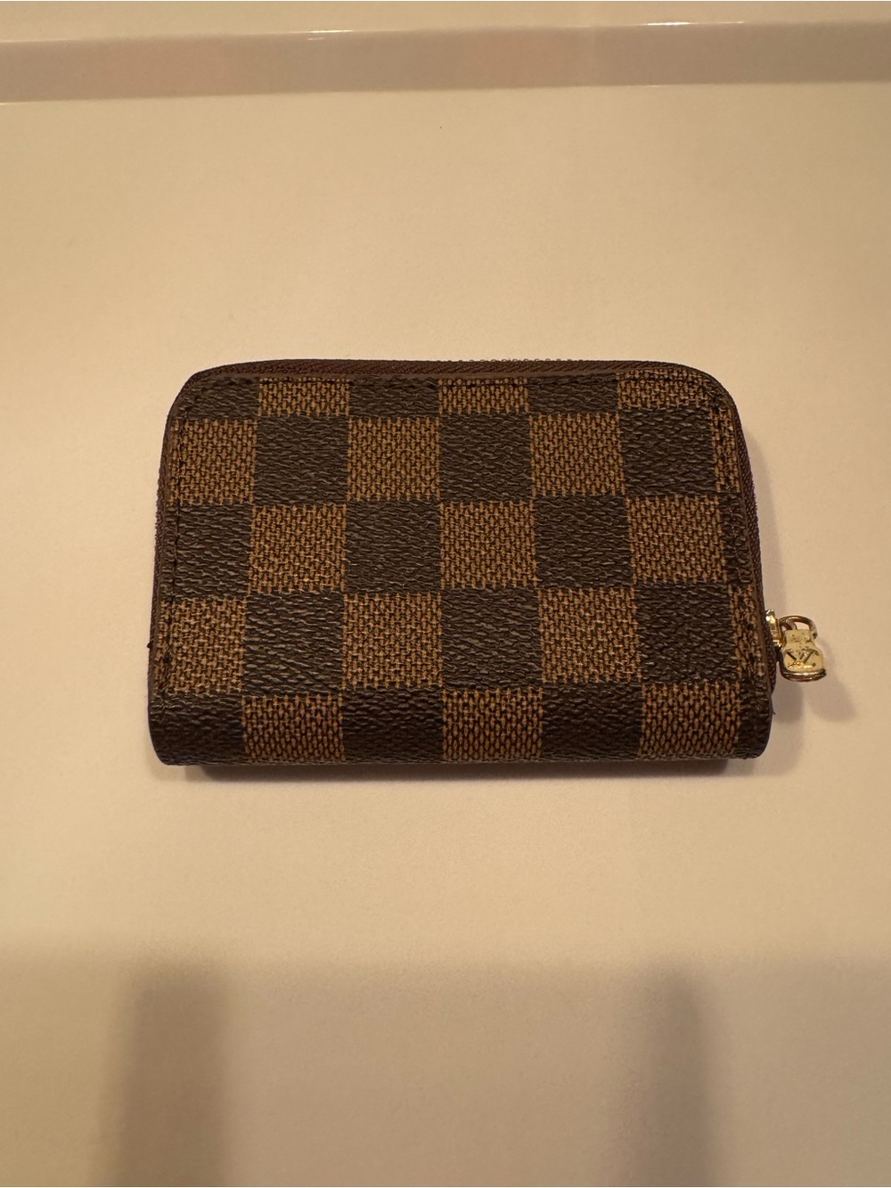 Brown Checkered Zip Card Holder Wallet
